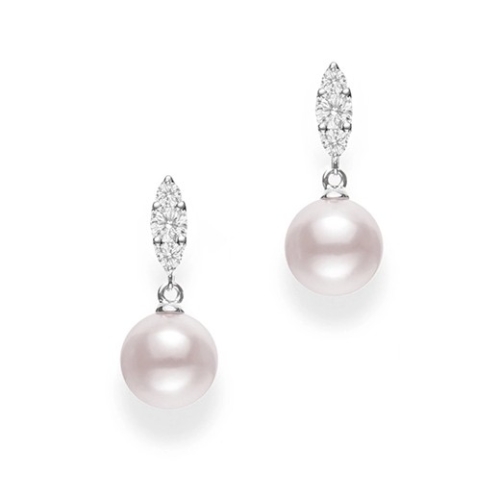 Morning Dew Akoya Cultured Pearl Earrings with Diamonds in 18K White Gold