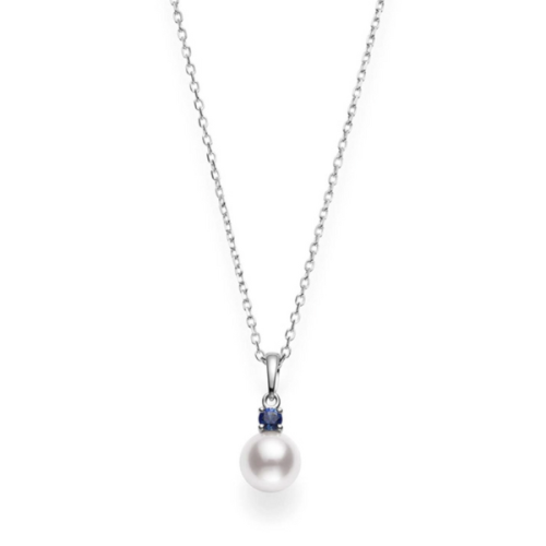 Akoya Cultured Single Pearl Pendant with Sapphire in 18K White Gold