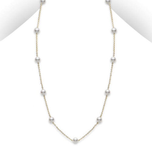 Akoya Cultured Pearl Station Necklace in 18K Yellow Gold