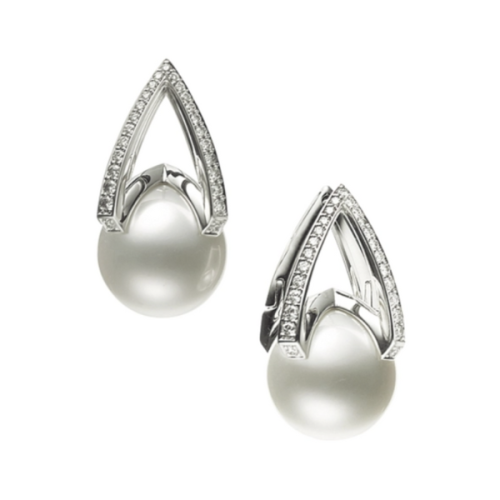 M Collection White South Sea Cultured Pearl and Diamond Earrings in 18K White Gold